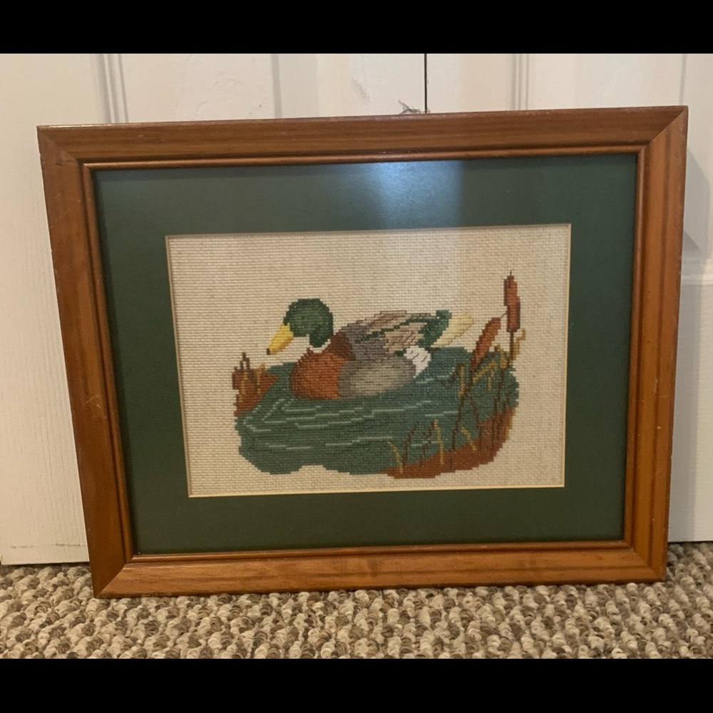 Vintage Framed Cross Stitch Mallard Duck